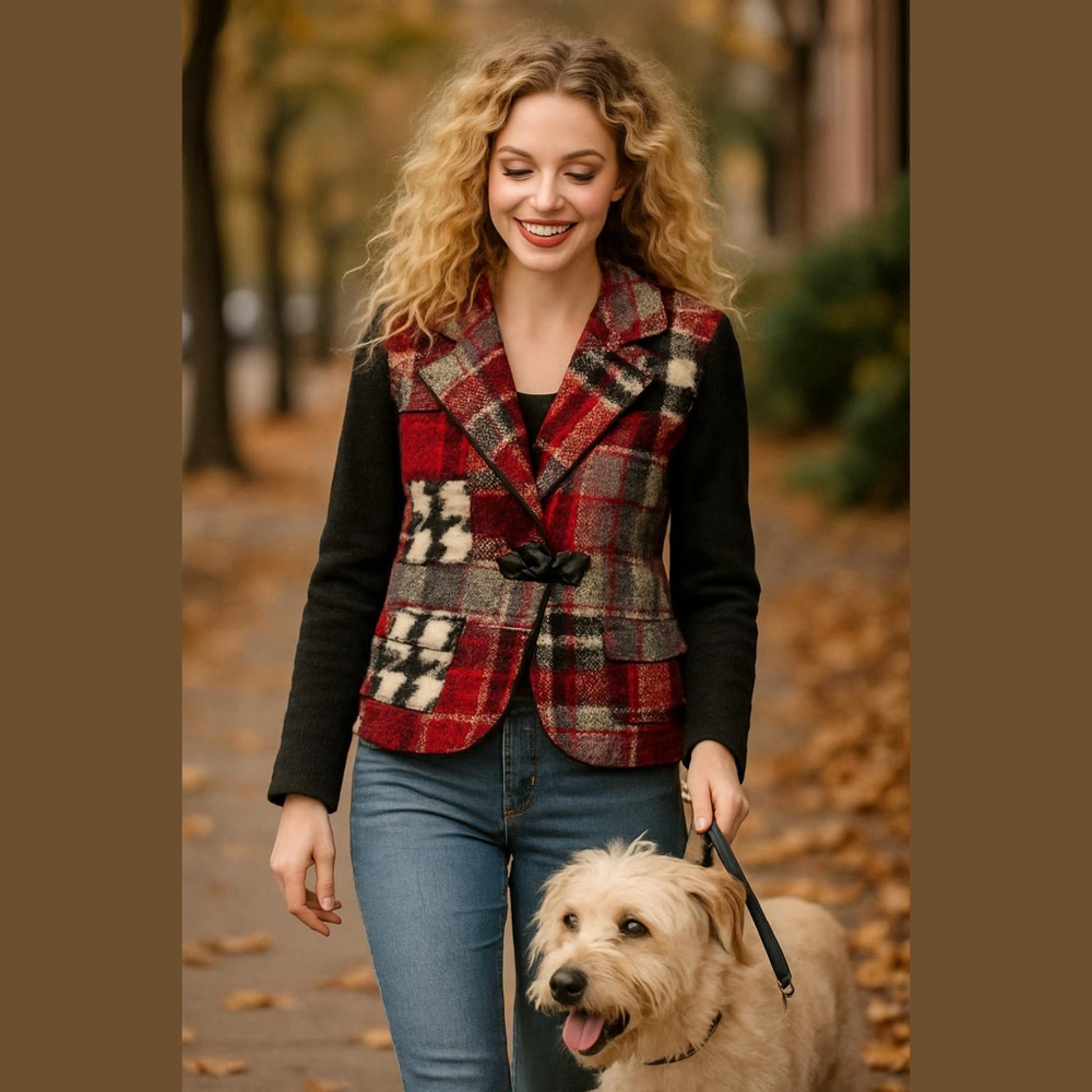 Linea Domani Red Black Plaid Patchwork Blazer Large